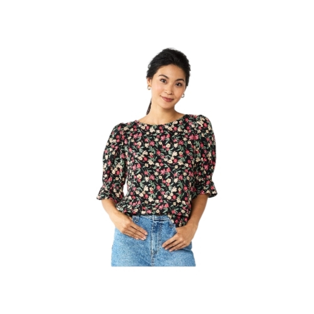 Draper James RSVP Small Black Ditsy Floral Cinched Sleeve Top Cottage Boho Girly
